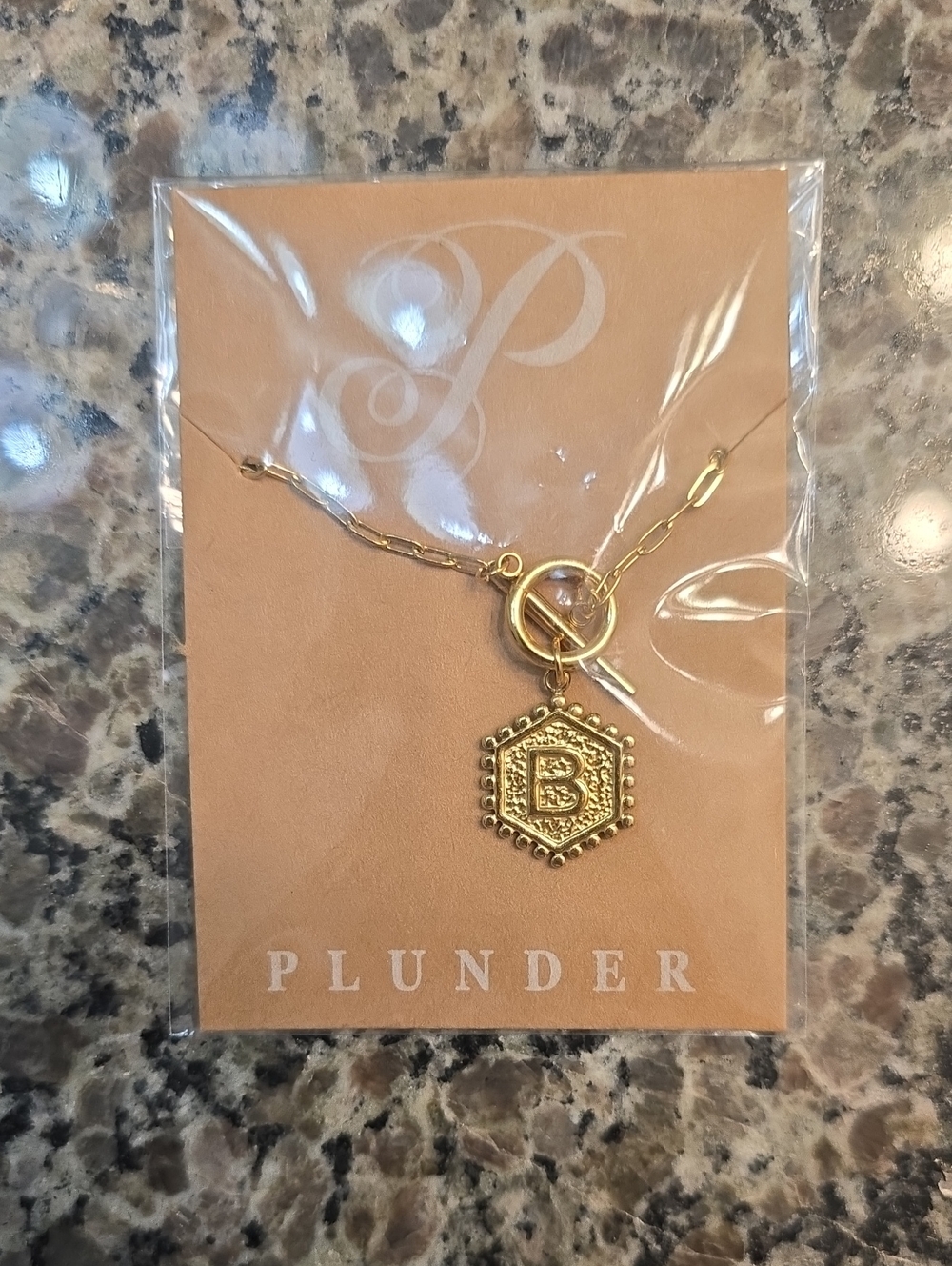 Plunder Gold Hexagon 'B' Pendant Necklace